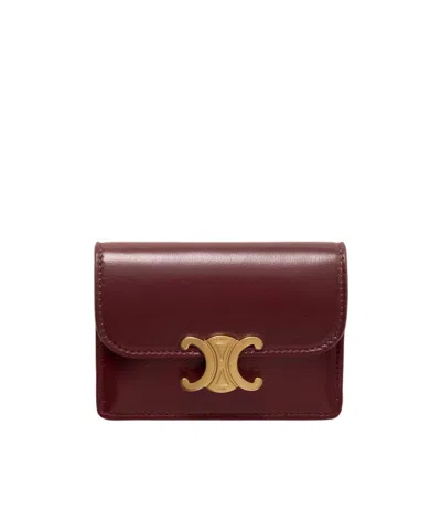 Celine Card Holder With Flap Triomphe In Glossy Lambskin In Burgundy