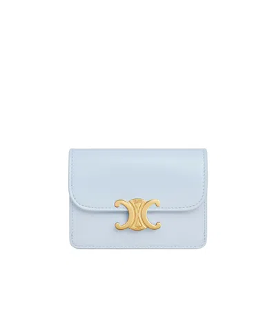 Celine Card Holder With Flap Triomphe In Shiny Calfskin In Glaciers