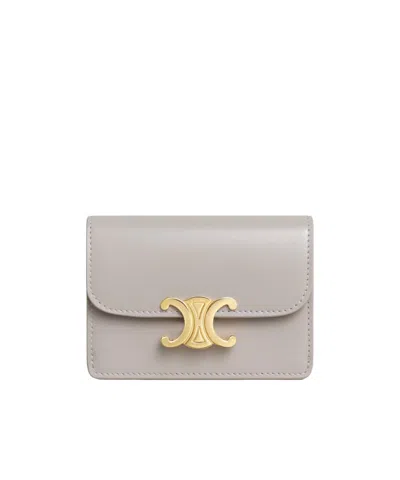 Celine Card Holder With Flap Triomphe In Shiny Calfskin In Gray