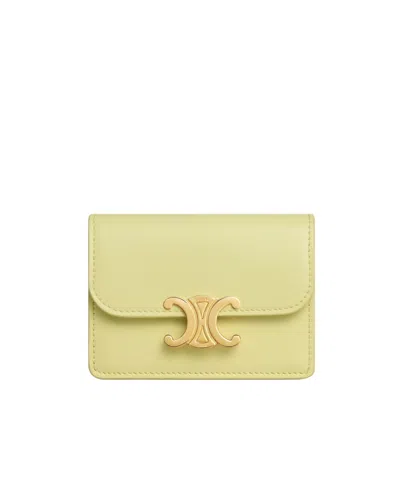 Celine Card Holder With Flap Triomphe In Shiny Calfskin In Yellow