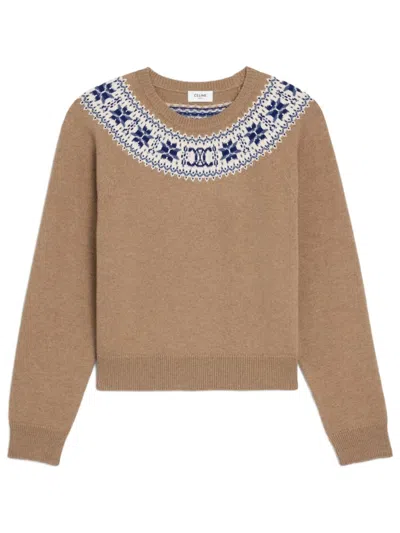 Celine Crew Neck Sweater In Fair Isle Cashmere In Brown