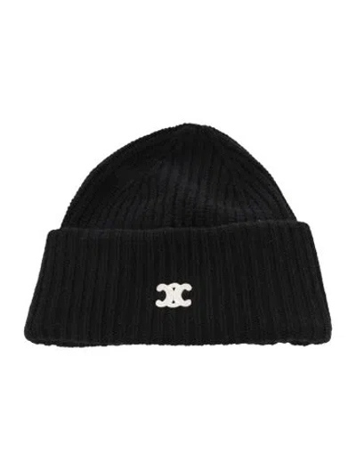 Pre-owned Celine Cashmere Triomphe Beanie In Black