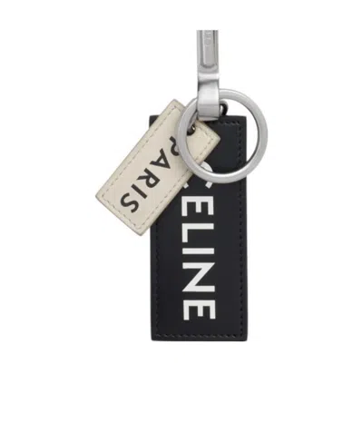 Celine Cattle Leather Printed Label Key Ring In Black