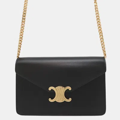 Pre-owned Celine Chain Wallet Triomphe Margo Black Shiny Calf Leather