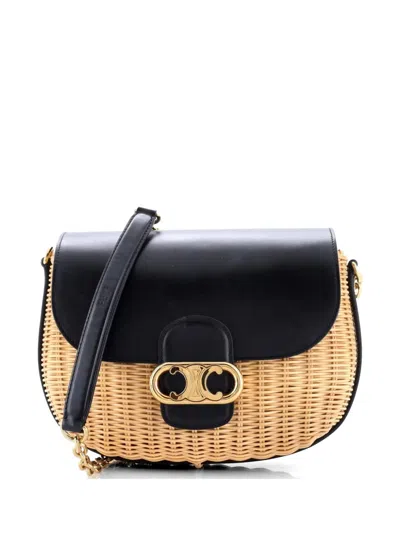 Pre-owned Celine Chaine Maillon Triomphe Bag Wicker With Leather Small Crossbody Bag In Black