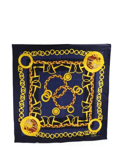 Pre-owned Celine Chain-print Scarf In Blue