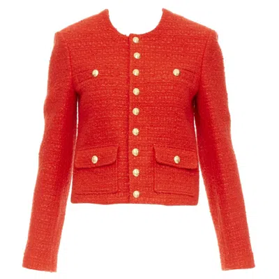Pre-owned Celine Chasseur Red Wool Linen Tweed Gold Buttons Cropped Jacket Fr34 Xs