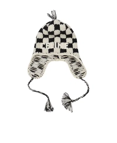 Celine Checked Peruvian Woolen Cap In White