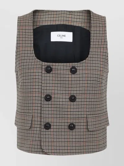 Celine Checked Wool Double-breasted Sleeveless Jacket In Gray