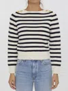 Celine Striped Crew-neck Sweater With Golden-effect Buttons In Navy