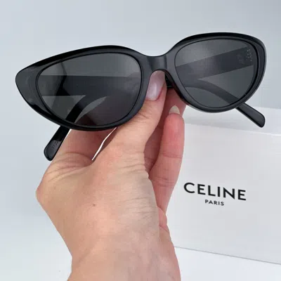 Pre-owned Celine Cl40220u 01a Thin Shiny Black Grey Cat Eye Women Sunglasses In Gray