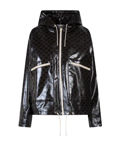 Celine Classic Logo Printed Hooded Jacket In Brown