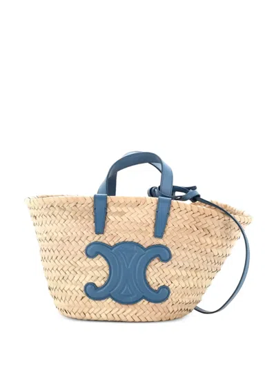 Pre-owned Celine Classic Panier Basket Raffia And Leather Teen Tote Bag In Blue