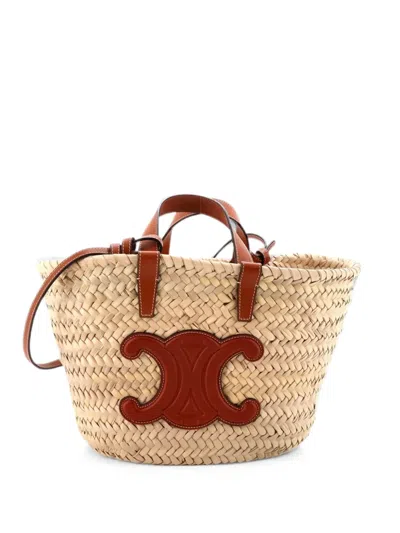 Pre-owned Celine Classic Panier Basket Raffia And Leather Teen Tote Bag In Neutral