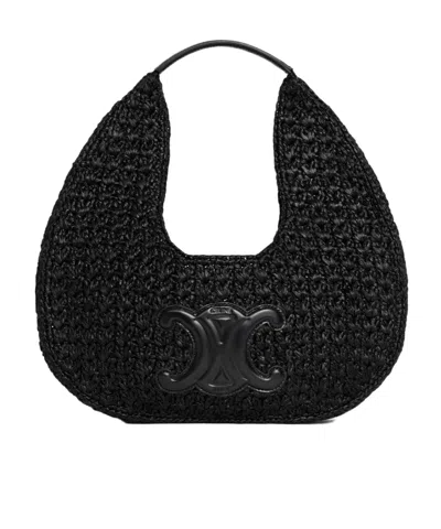 Celine Classic Panier Hobo Bag In Raffia And Calfskin In Black