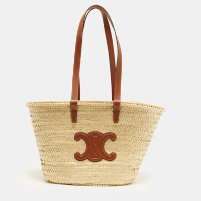 Pre-owned Celine Classic Panier Medium Tan Palm Leaves And Leather Tote In Brown