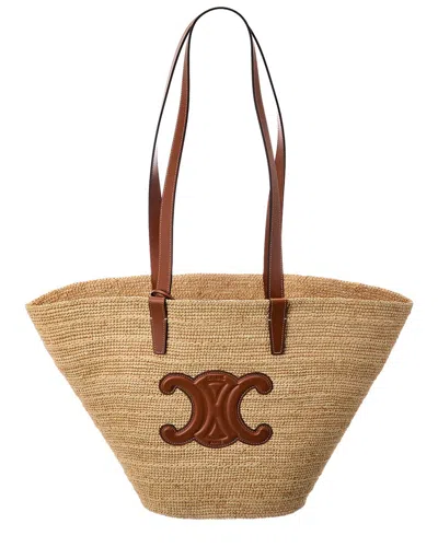 Celine Classic Panier Raffia & Leather Tote In Brown