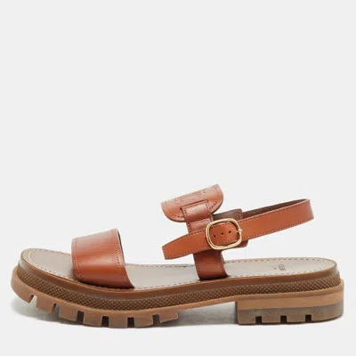 Pre-owned Celine Clea Size 40 Brown Leather Triomphe Chunky Slingback Sandals