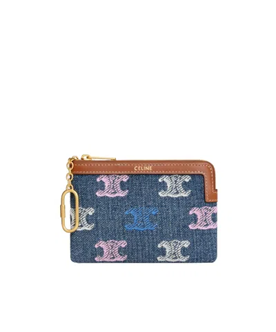 Celine Coin Purse In Denim With Triomphe Embroidery In Blue