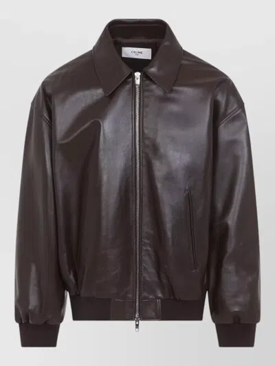 Celine Collar Jacket Ribbed Cuffs Side Pockets In Brown