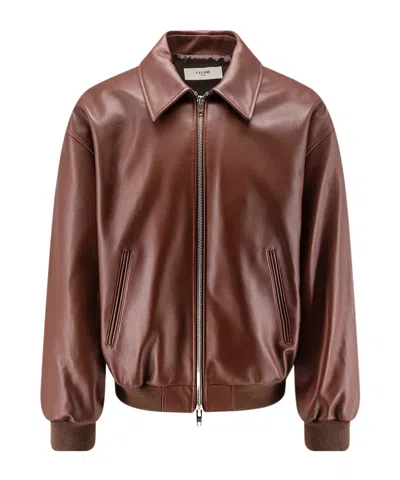 Celine Collared Long-sleeved Leather Jacket In Multi