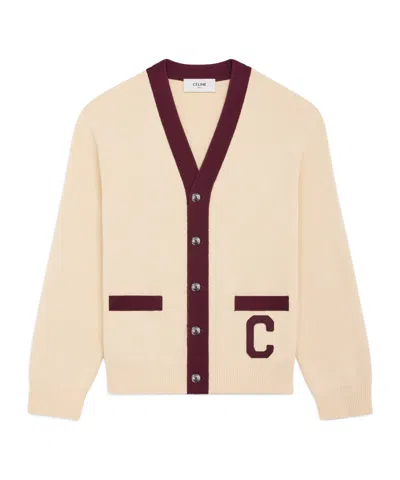 Celine College Cardigan In Cotton In Off-white/burgundy
