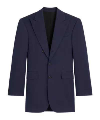 Celine Colonne Jacket In Diagonal Wool In Blue