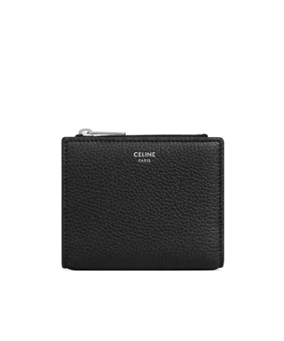 Celine Compact Wallet In Grained Calfskin In Black