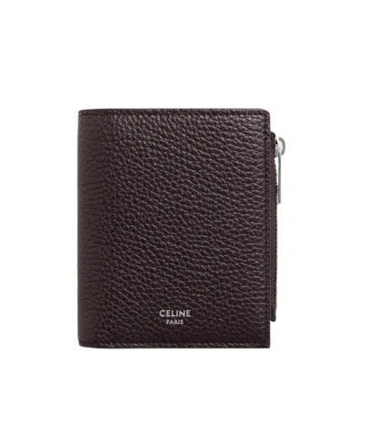 Celine Compact Wallet In Grained Calfskin In Brown