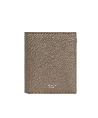Celine Compact Wallet In Grained Calfskin In Brown