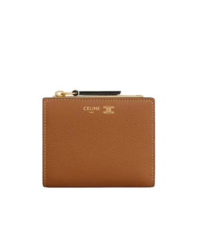 Celine Compact Wallet In Supple Grained Calfskin In Brown
