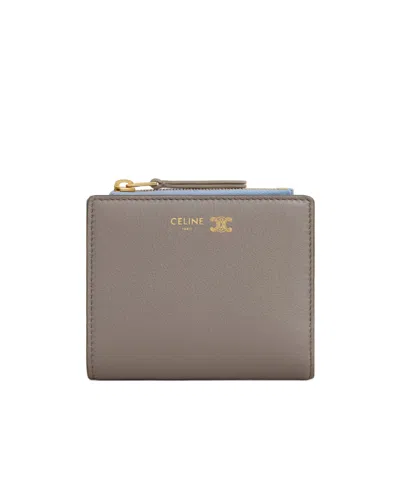 Celine Compact Wallet Triomphe Stamp In Supple Grained Calfskin In Gray