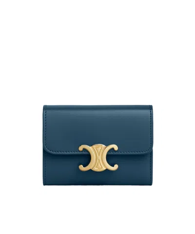 Celine Compact Wallet With Coin Triomphe In Shiny Calfskin In Blue