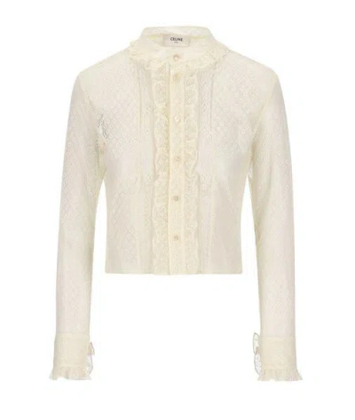 CELINE COTTON AND LACE CROPPED SHIRT FOR WOMEN IN CREAM