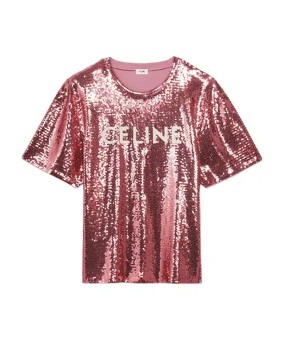 Celine Cotton Sequined Embroidered T-shirt In Pink