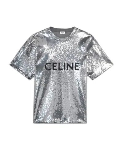 Celine Cotton Sequined Loose T-shirt In Gray