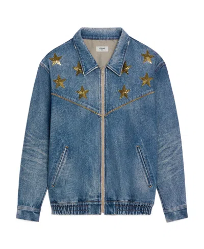 Celine Cotton Star Embroidery College Style Jacket In Blue