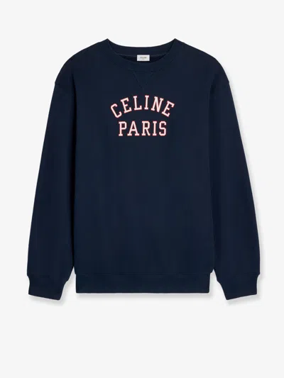 Celine Cotton Sweater With Front Lettering Logo In Blue