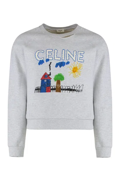 Celine Cotton Sweatshirt With Print In Gray