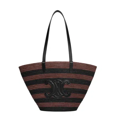 Celine Couffin  Classic Panier In Striped Raffia And Calfskin In Multi