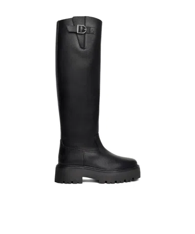 Celine Cow Leather Buckle High Boots In Black