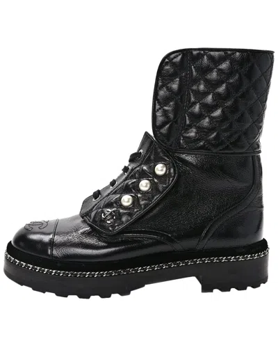 Celine Cracked Calfskin Leather Pearl Combat Bootie (authentic Pre-loved) In Black