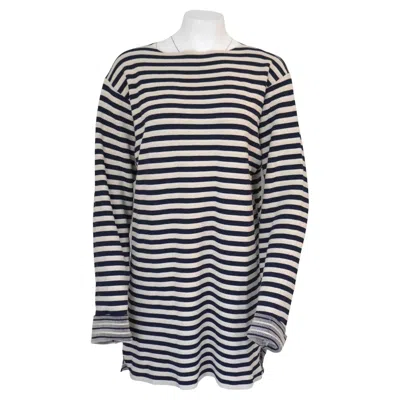 Pre-owned Celine Cream & Navy Striped Sweater Sz L In White