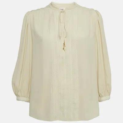 Pre-owned Celine Cream Crepe Silk Blend Lace & Neck Tie Detail Blouse S In White