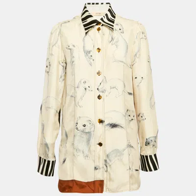 Pre-owned Celine Cream Printed Silk Button Front Shirt M