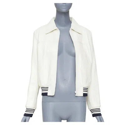 Pre-owned Celine Cream Textured Lamb Leather Black Striped Ribbed Cropped Jacket Fr38 M In White