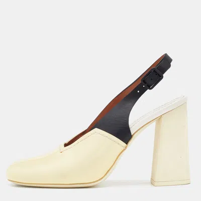 Pre-owned Celine Cream/black Patent And Leather Slingback Sandals Size 38