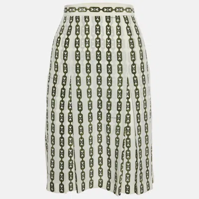 Pre-owned Celine Cream/green Logo Monogram Chain Print Silk Midi Skirt S In White