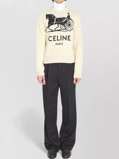Celine Crew Neck Graphic Knitwear Long Sleeve Sweater In White