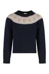 Celine Crew Neck Sweater In Fair Isle Wool Triomphe In Blue